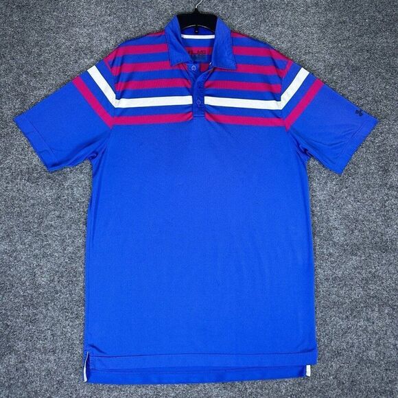 Under Armour Polo Shirt Mens Medium Blue Pink Striped‎ Loose Golf Short Sleeve - Picture 1 of 7